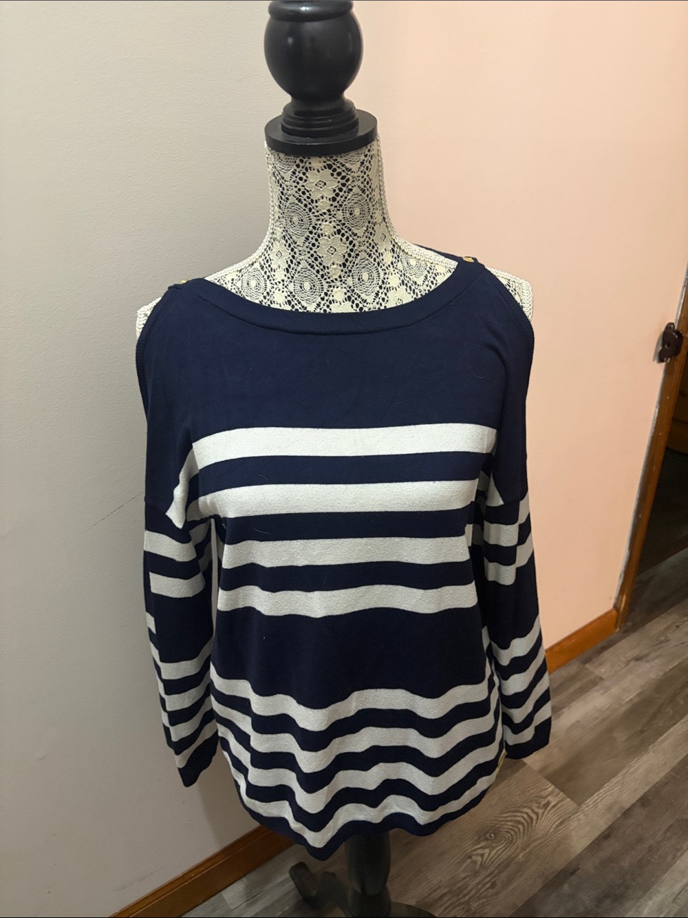 Jones New York Navy and White Striped Cold-Shoulder Top